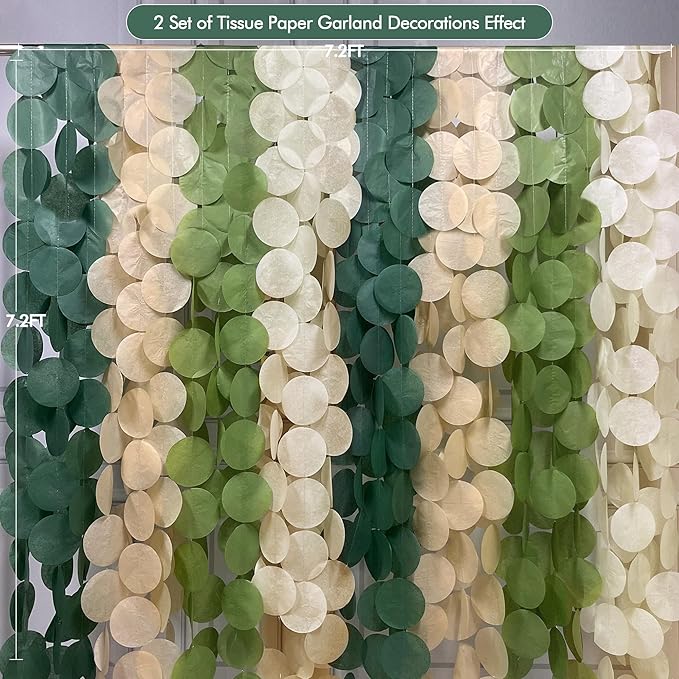 205 Ft Sage Green Party Decorations Oilve Green and Beige Circle Dot Backdrop Garland Tissue Paper Polka Dots Hanging Streamer for Baby Shower Birthday Wedding Engagement Bachelorette Party Supplies