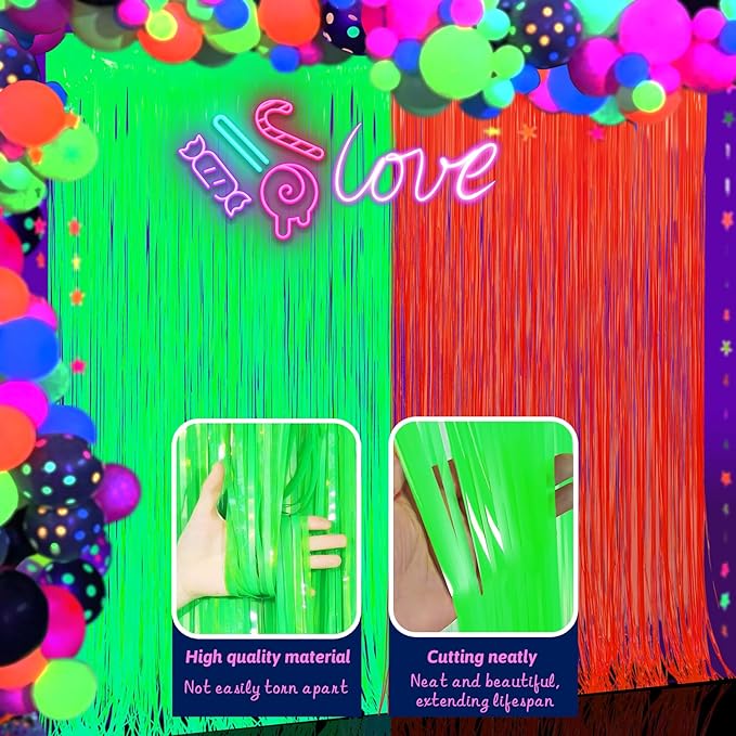 Glow in The Dark Party Supplies 2 Pack Neon Party Decorations Fluorescent Tinsel Foil Fringe Curtains Photo Booth Prop Backdrop Streamer Blacklight Decorations (Neon Green+Neon Orange)