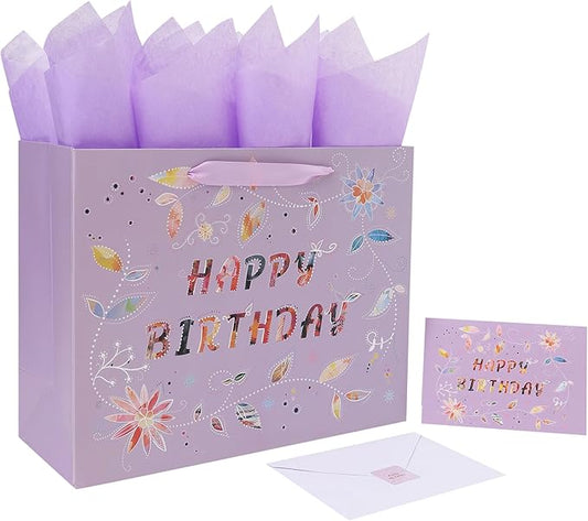 Qirrmiy 13'' Large Happy Birthday Gift Bag Set with Handles, Greeting Card, Purple Tissue Papers and Stickers for Women Girls, Purple Floral Design, 1 Pcs
