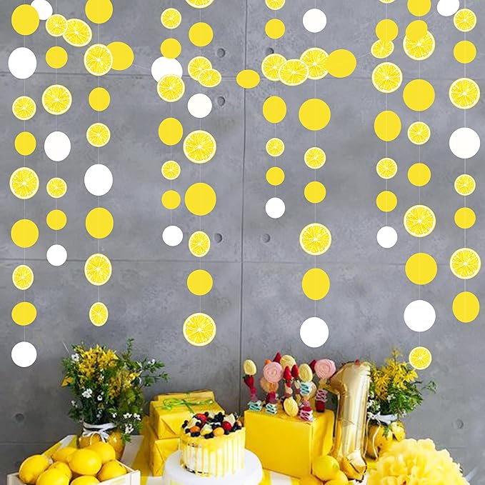 63 Ft Lemon Party Decorations Yellow White Circle Dots Garland Polka Dot Hanging Paper Streamer for Lemon Themed Wedding Bridal Shower Engagement Bachelorette Baby Shower Birthday Party Supplies