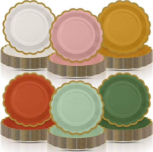 96 Pcs Colorful Paper Plates 9 Inch Boho Scalloped Paper Disposable Dinner Dessert Plates for Birthday Wedding Bridal Party Supplies, 6 Colors