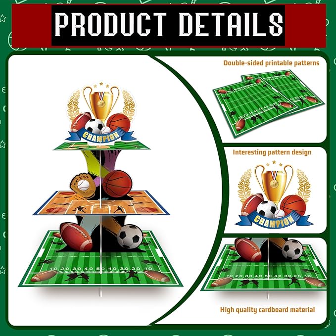 Sports Party Decorations Sports Themed Cupcake Stand 3 Tier Sport Cupcake Holder for Football Basketball Baseball Soccer Sports Birthday Party Decorations