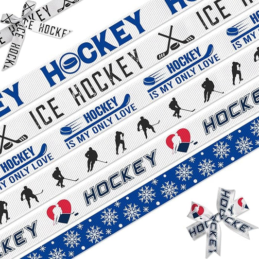 Hockey Ribbon, 6 Pack (5/8 Inch x 3 Yards Each), Ice Hockey Grosgrain Ribbons, Sports Player Silhouette Pattern with Snowflake Design for Hair Bow,Team Party Decorative, Sports Gift Wrapping