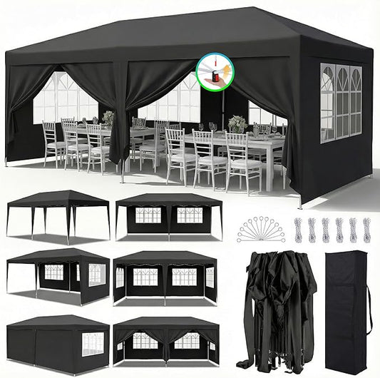 10x20 Pop Up Canopy Party Tent with 6 Sidewalls, Outdoor Wedding Party Tent Waterproof UV50 Commercial Canopy Event Shelter Gazebo Tents for Parties, 6 pcs Weight Bag,Carry Bag,Black