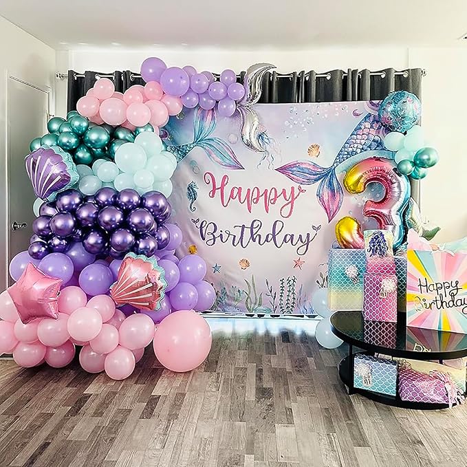 Mocsicka Mermaid Birthday Backdrop Under The Sea Birthday Party Decoration for Girl Blue Purple Mermaid Tails Photography Background (8x6ft(96x72 inch))