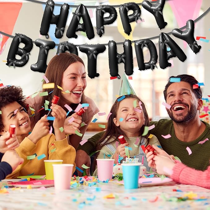 Black Happy Birthday Balloons Banner with Bowknot 16 Inch Mylar Foil Letters Birthday Sign Banners for Girls Boys Kids & Adults Birthday Decorations Halloween Party Supplies