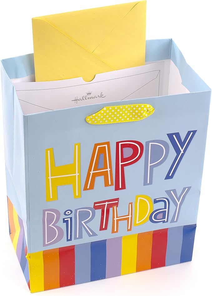 Hallmark 9" Medium Gift Bag with Tissue Paper (Happy Birthday, Rainbow Stripes on Light Blue)