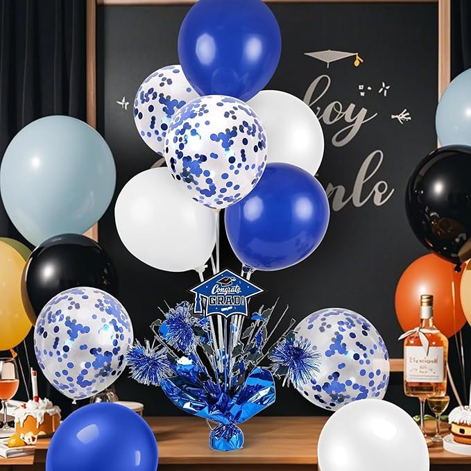 4 PCS Graduation Centerpieces for Tables Balloons Stand Holder Kit College Graduation Decorations 2026 Metallic Glitter Foil Balloon for Graduation Party Decorations Prom Send off Party(4, Blue White)