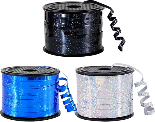 BEISHIDA 3 Pack 100 Yards Blue Black Silver Curling Crimped Glitter Ribbon Balloon String Shiny Metallic Gift Wrapping Ribbon for 2026 Graduation Retirement Birthday Baby Shower Party Decoration
