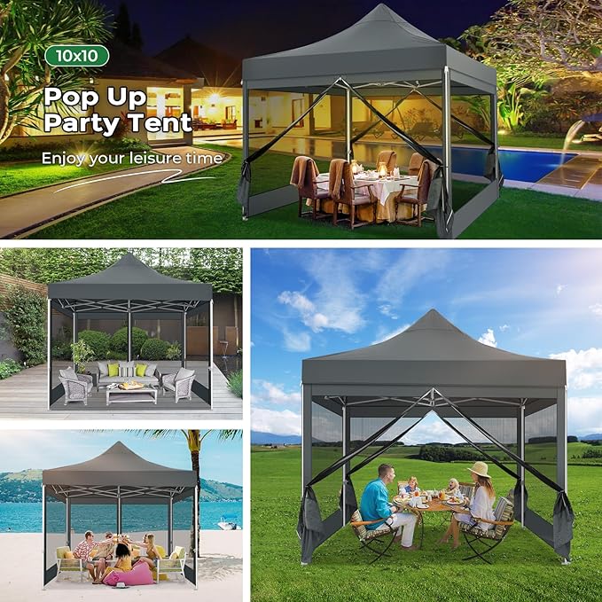 COBIZI 10x10 Heavy Duty Pop Up Canopy Tent with 4 Sidewalls, Easy Set Up Outdoor Waterproof Screen Commercial Party Tent with Mosquito Netting for Parties Backyard Patio, Carry Bag, Gray