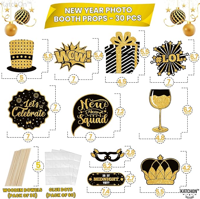 Katchon, 30 Pcs, Glitter New Years Photo Booth Props | NYE Photo Booth Props for New Years Eve Party Supplies 2026 | New Years Decorations 2026 | New Year Photo Props for NYE Decorations 2026