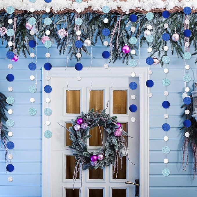 Outus 10 Pieces Silver Round Dots Garland Graduation Party Hanging Decor Each Length 13.1ft Glitter Paper Dot Streamers for Birthday Wedding Classroom Supplies (Blue)