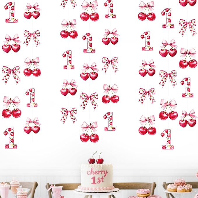 Cherry 1st Birthday Decorations Sweet Floral Cherries Pink Bow Hanging Streamer Garland Banner for Happy First Birthday Baby One Year Bday 1st Wedding Anniversary Party Decorations Supplies