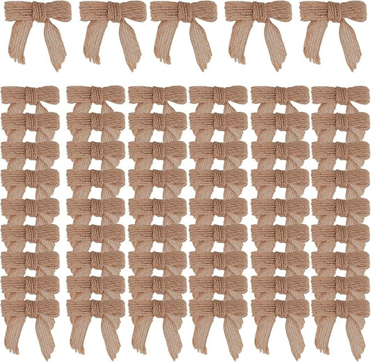 Meseey 100 Pcs 1.5 Inches Premade Craft Bows Self Adhesive Linen Burlap Ribbon Bows for Treat Bags Gift Wrapping Basket Wedding Baby Shower Brithday Party (Linen)