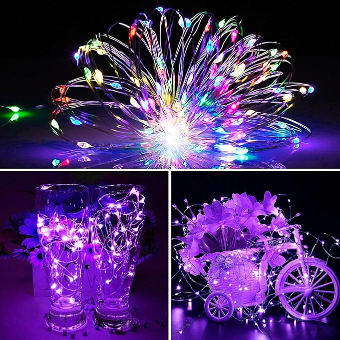 ZGWJ 12 Pack Battery Powered Fairy Lights, Mixed Colors 7Ft 20 Mini LED Silver Wires, 3 Modes for DIY, Party, Wedding, Bedroom, Halloween Christmas Decoration (Colorful & Purple)