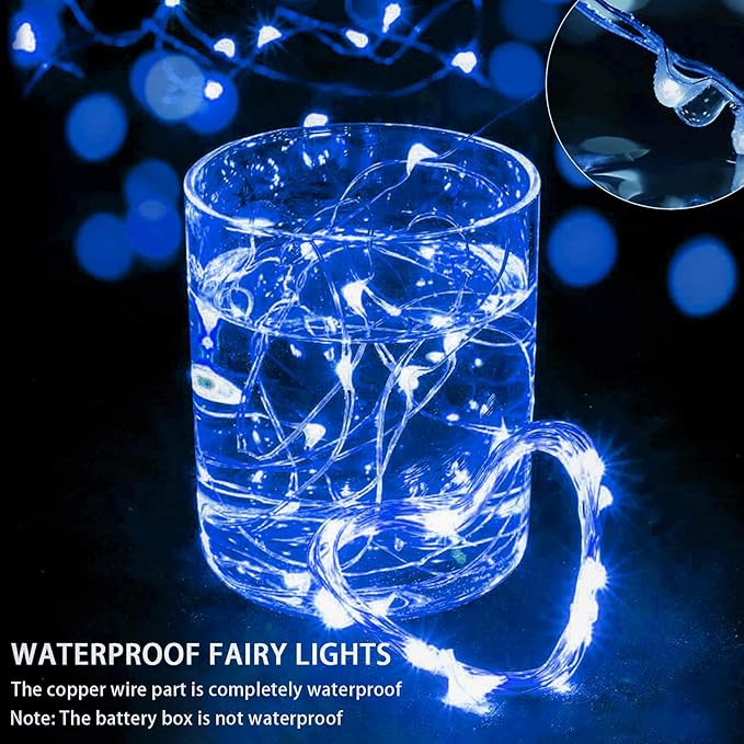 100 Pack Blue Fairy Lights 7Ft 20 LED Twinkle String Lights 3 Modes Battery Operated Waterproof Firefly Starry for Mason Jar Wedding Party 4th of July Christmas Day Table Centerpieces
