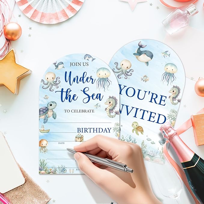 Under The Sea Birthday Party Invitations, Ocean Animals Birthday Invitations for Boys Girls, 20 Fill-In Invitation Cards with Envelopes, Under the Sea Party Decorations (arch)