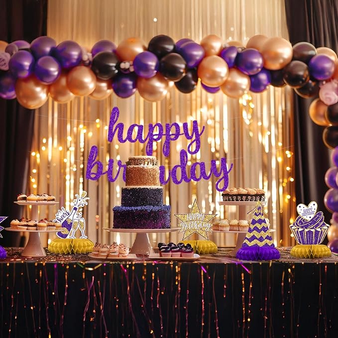 Purple and Gold Birthday Decorations – 12PCS Honeycomb Table Centerpieces for Women Adults – Happy Birthday Table Decor Party Supplies