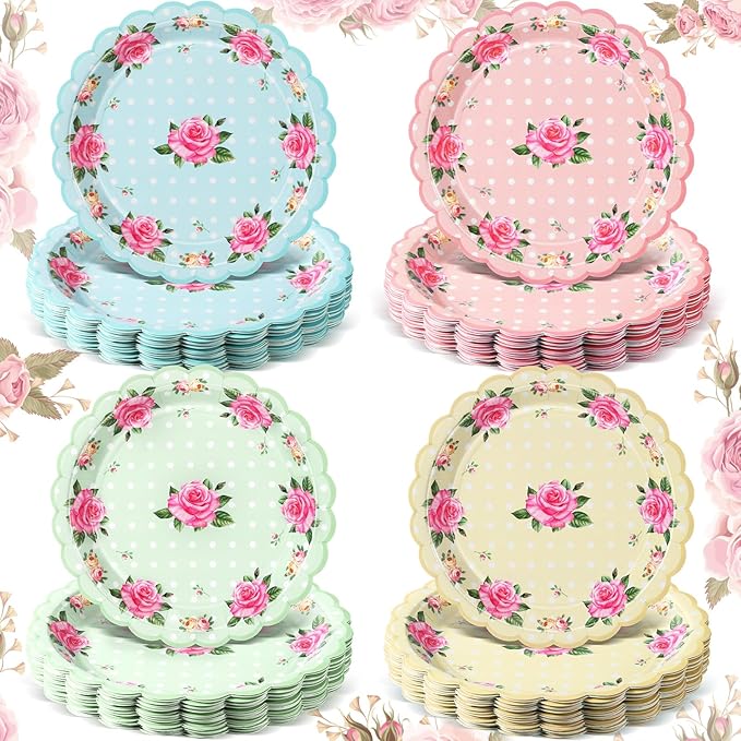 Umigy 100 Pcs Mother's Day Tea Party Decorations 7 Inch Floral Paper Plates Disposable Blossom Dessert Saucers Sets Floral Dessert Dishes for Girls Women Birthday Party Supplies
