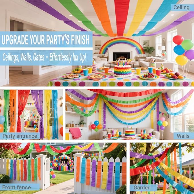 Colorful Rainbow Crepe Paper Streamers Birthday Party Backdrop for Banner and Balloons, Muilti Color Backdrop -6 Rolls Each 25 Meters 1.7in Wide
