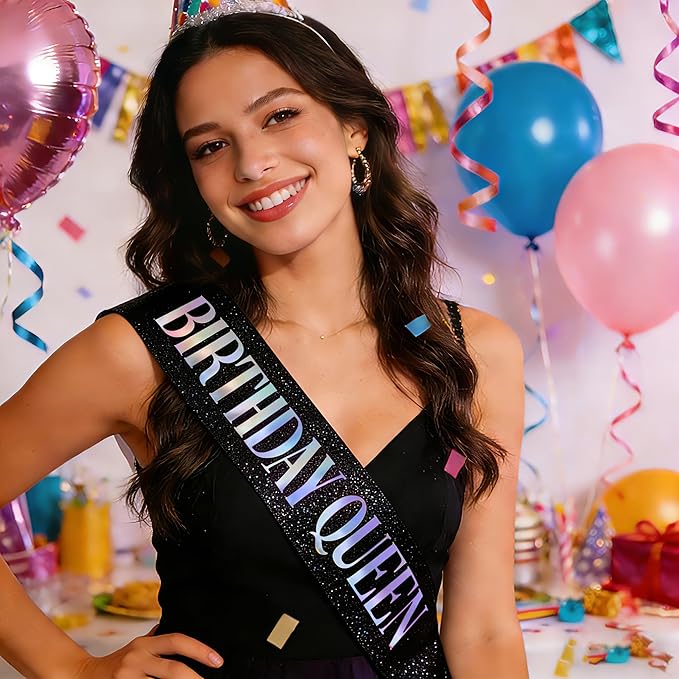 Birthday Queen Sash, Dazzle Foil Letter Glitter Black Birthday Sash for Women Girl 21st 30th 40th 50th 60th Funny Bday Gifts Party Favors Photo Prop