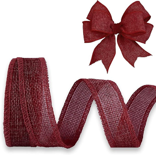 Burgundy Burlap Ribbon 1 inch x 10 Yard Natural Linen Woven Wired Ribbons DIY Handmade Edging Production Wreath Holiday Decoration Gift Ribbon for Gift Wrapping Burgundy Ribbons