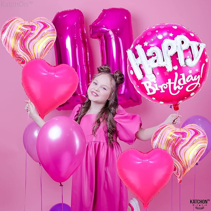 KatchOn, Huge Happy Birthday Balloon Pink Set - 23 Inch, Pack of 5 | Hot Pink Heart Balloons For Happy Birthday Decorations | Foil Balloons For Princess Party Decorations