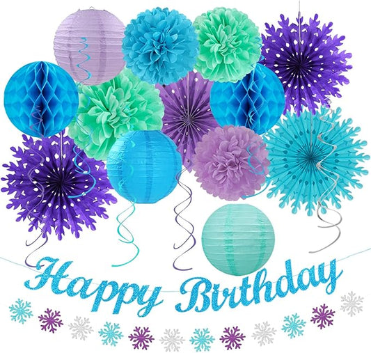 Winter-Wonderland Christmas-Snowflake Frozen Birthday Party-Decorations - 21pcs Happy Banner,Blue Purple Teal Paper Lanterns Honeycomb Streamers,Tissue Pom Poms Flower Fan,Hanging Decor Huglony