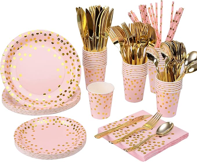 200 Pieces Pink Party Supplies - Pink Paper Plates & Napkins Cups Serves 25 Sets for Wedding Bridal Shower Engagement Birthday Parties (Pink)