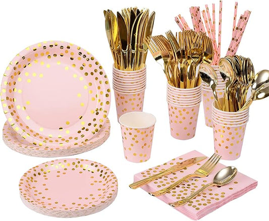 200 Pieces Pink Party Supplies - Pink Paper Plates & Napkins Cups Serves 25 Sets for Wedding Bridal Shower Engagement Birthday Parties (Pink)