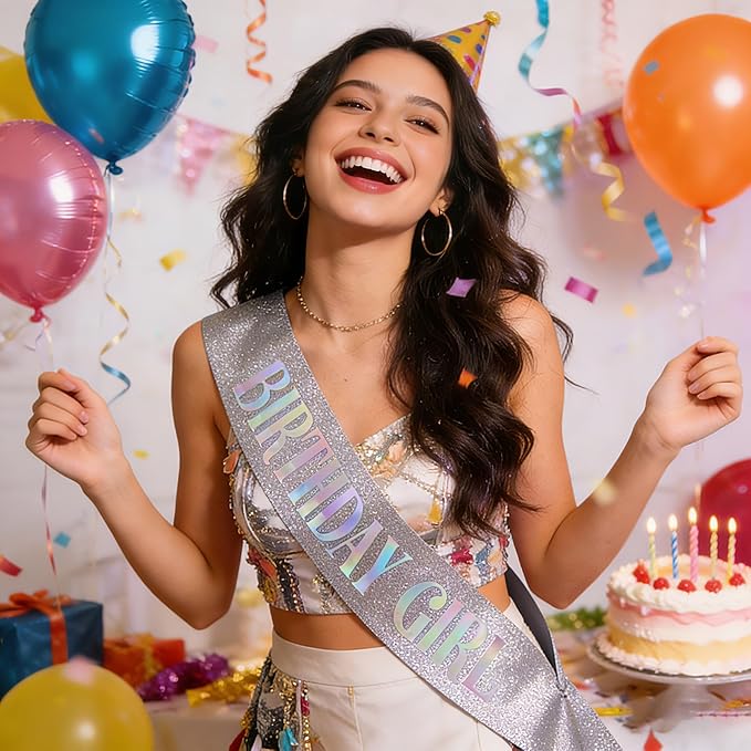 Birthday Queen Sash, Dazzle Foil Letter Glitter Silver Birthday Sash for Women Girl 21st 30th 40th 50th 60th Gifts Funny Bday Gifts Party Favors Photo Prop