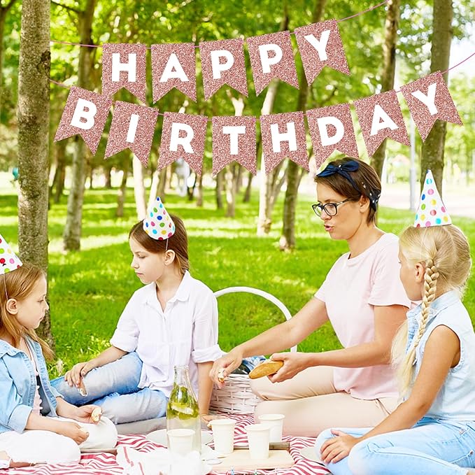 Hooqict Rose Gold Happy Birthday Banner Sign for Backdrop Rose Gold Birthday Decorations for Women Girls Wall Door Party Banner Garland Bunting Flag