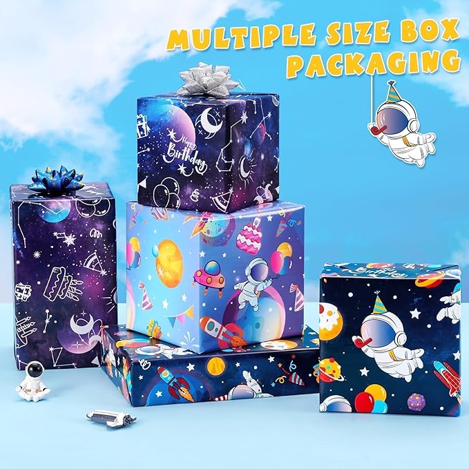WERNNSAI Space Wrapping Paper Rolls - 3 Short Rolls Blue Galaxy Birthday Wrap Paper for Kids Boy Birthday Party Gift Packing Supply Decoration Favor with Cut Lines 17 in x 10 ft