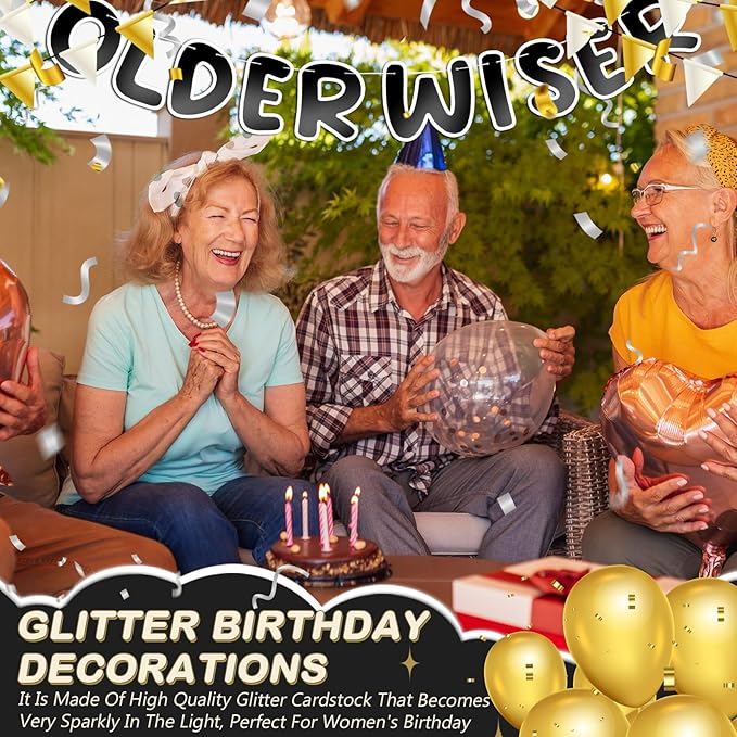 Fulmoon Set of 3 Pre Strung Older Wiser Hotter Glitter Banner Funny Birthday Banner for Women 30th 40th 50th 60th 70th 80th Birthday Party Decorations Sign Gift(Bright Black and White)