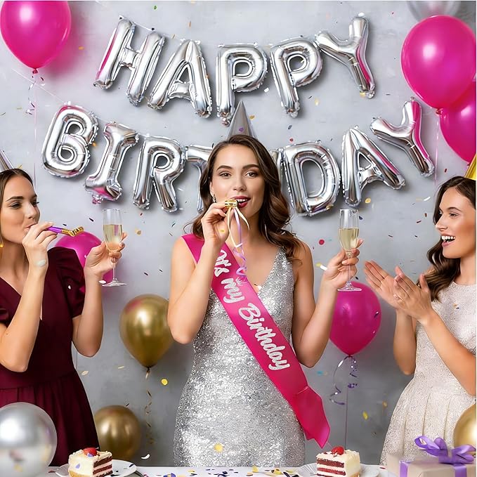 It's My Birthday Sash Hot Pink with Glitter Silver Letters Happy Birthday Sash for Women Girl Bday Gift Ideas Party Favors