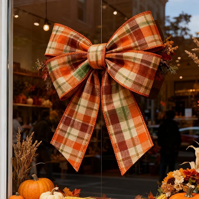 Meseey 4 Inch x 10 Yards Orange Burgundy Green White Plaid Wired Ribbon, Fall Buffalo Plaid Wired Edge Ribbons for Large Wreaths, Big Bows, Gift Wrapping, Thanksgiving & Halloween Decor