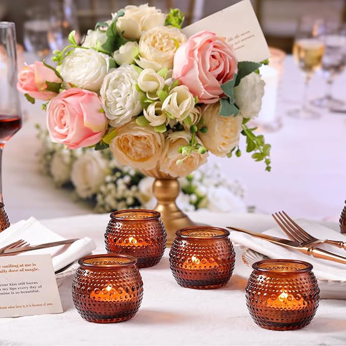 32 Pcs Amber Votive Candle Holders, Round Amber Glass Candle Holder with Polka Dot Embossed, Vintage Votive Candle Holders for Weddings, Home Decor, Baby Shower, Special Occasions