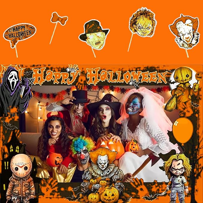 Halloween Photo Booth Props Kit – 16 Pcs Party Selfie Frame and Photo Props for Indoor Outdoor Decorations, Pumpkin Ghost Bat Designs for Halloween Events (Orange)