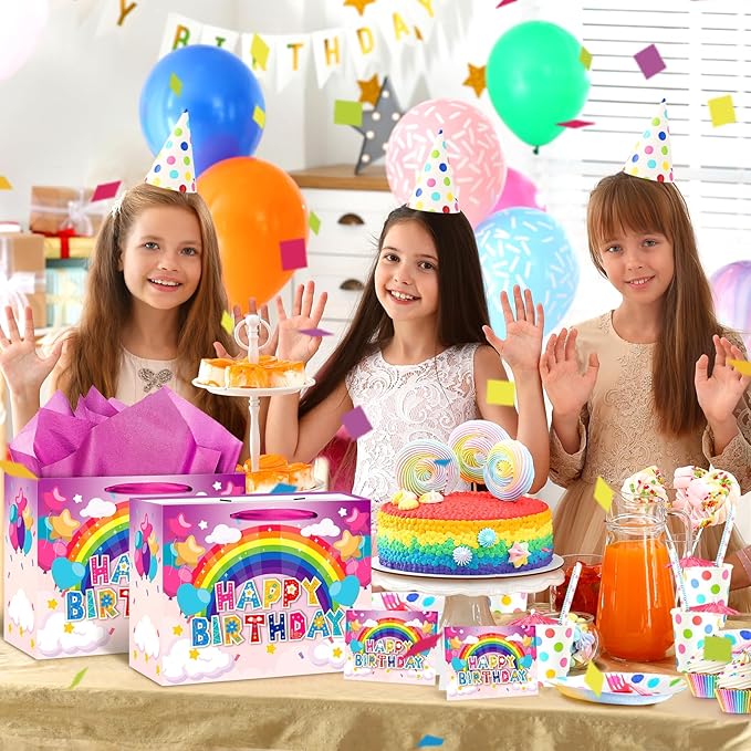 Large Birthday Gift Bag for Girls Kids Happy Rainbow Birthday Gift Bag with Greeting Card and Tissue Paper Colorful Birthday Gift Wrapping Paper Bag for Girls Birthday Baby Shower Party Supplies Decor