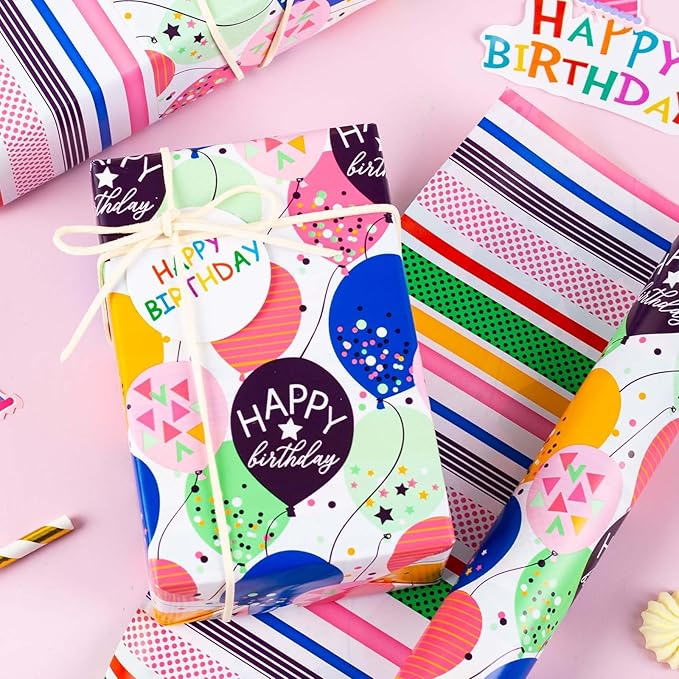 MAYPLUSS Birthday Gift Wrapping Paper Roll - 17 Inch x 16.4 Feet - Colorful Kids Style Confetti Balloons Birthday Festive Gift Wrap Paper for Boys,Girls Celebration, Holiday, Party, Baby Shower