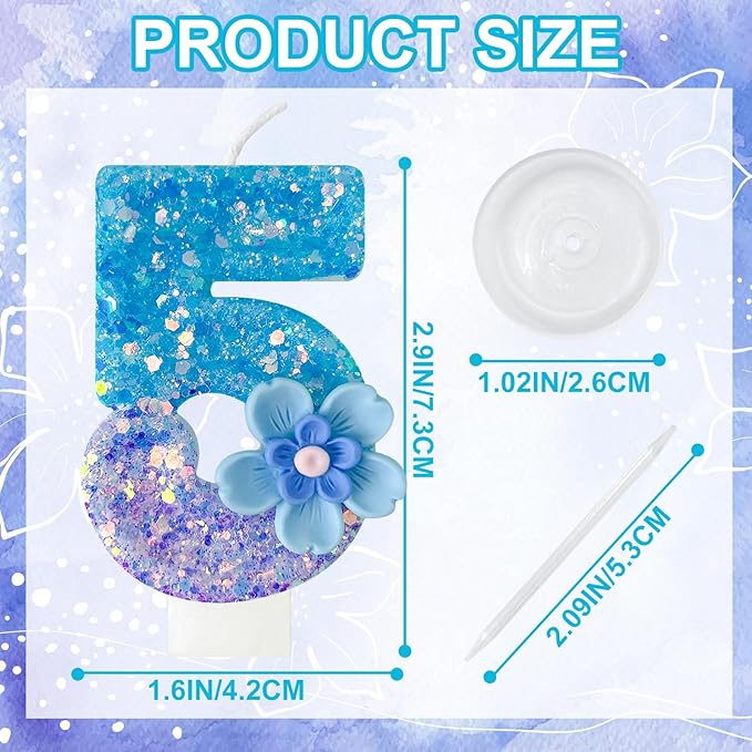 Blue Purple Flower Birthday Number Candles, Flower Theme Party Decorations, Cupcake Decorations, Suitable for Party Celebrations, Boys and Girls Birthday Decorations（5）
