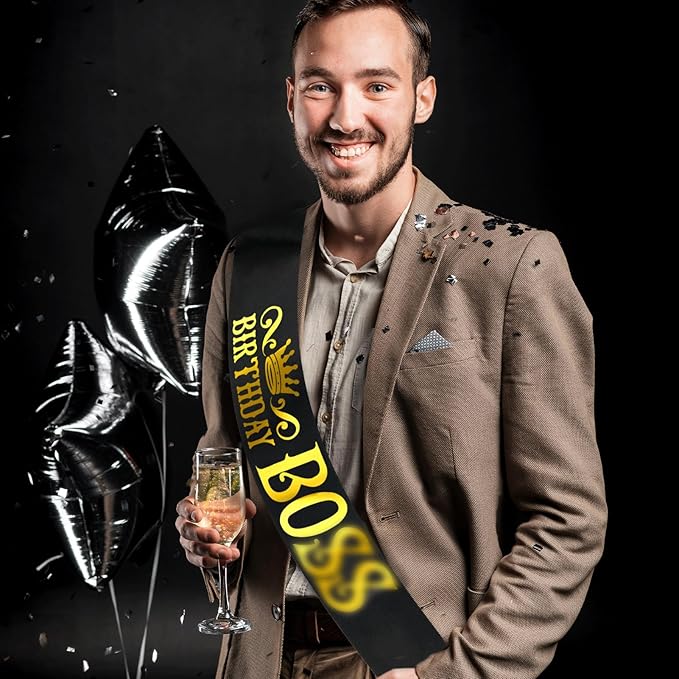 Mens Birthday Sash with Gold Foil, Black Funny Birthday Sash for Men 30th 40th 50th 60th 70th 80th Bday Party Decorations Ideas, Gifts, Jokes and Favors (Black + Gold)