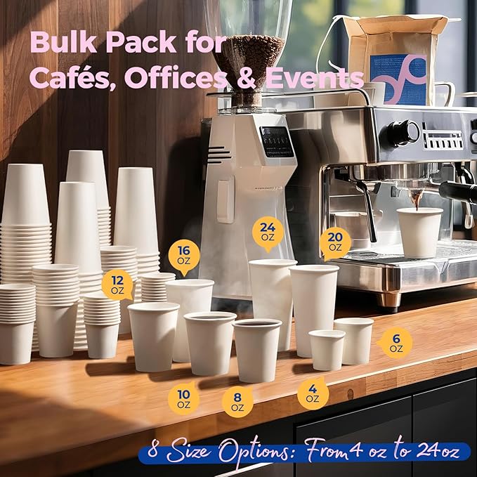 Fit Meal Prep 1000 Pack 8 oz Disposable Paper Coffee Cups, Premium White Hot Cups for Hot/Cold Beverage, Durable Thickened Paper Cup Bulk for Party, Office, Bussines, Home, Bistros, Events