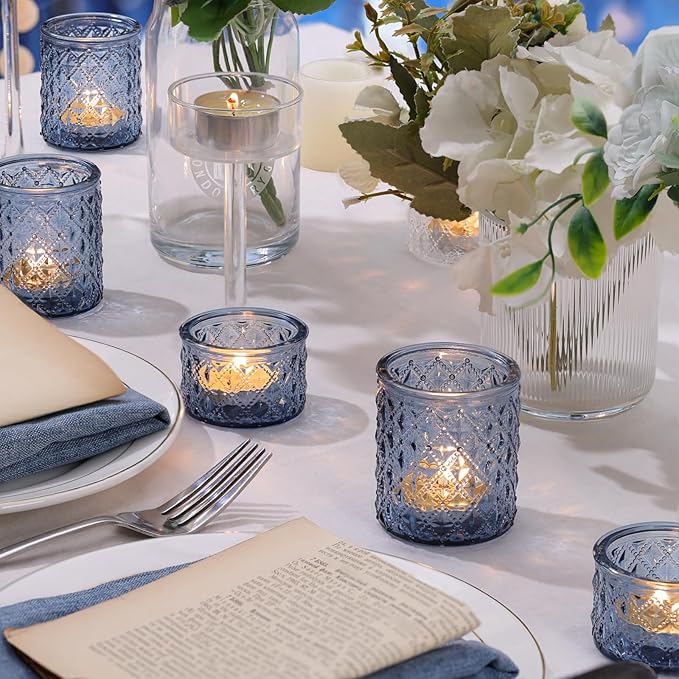 36 Pack Blue Votive Candle Holders, Assorted Glass Candle Holders for Table Centerpiece, Blue Glass Candle Holder Decorations for Wedding, Baby Shower Party & Home Decor