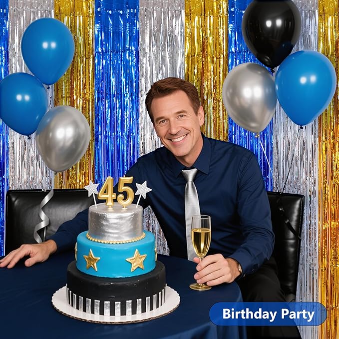 BEISHIDA 3Pcs Blue Silver Gold Door Streamer Backdrop Foil Fringe Tinsel Curtains Backdrops for Boy Men Birthday Baby Shower Graduation Decoration (3.28 ft x 6.56 ft)