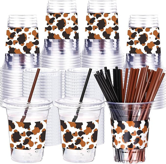 Yungyan 50 Sets Cow Cups with Lids and Straws 16 oz Western Plastic Cups for Coffee Juice Drinking for Cow Western Rodeo Birthday Baby Shower Party Decoration Supplies