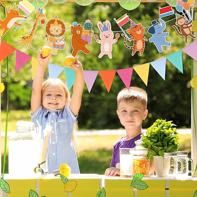 2 Pcs Animal Parade Party Banner Set Animals Flag Colorful Pennant Flags for Birthday Hanging Garland Decorations Baby Showers Zoo Jungle Themed Parties Supply