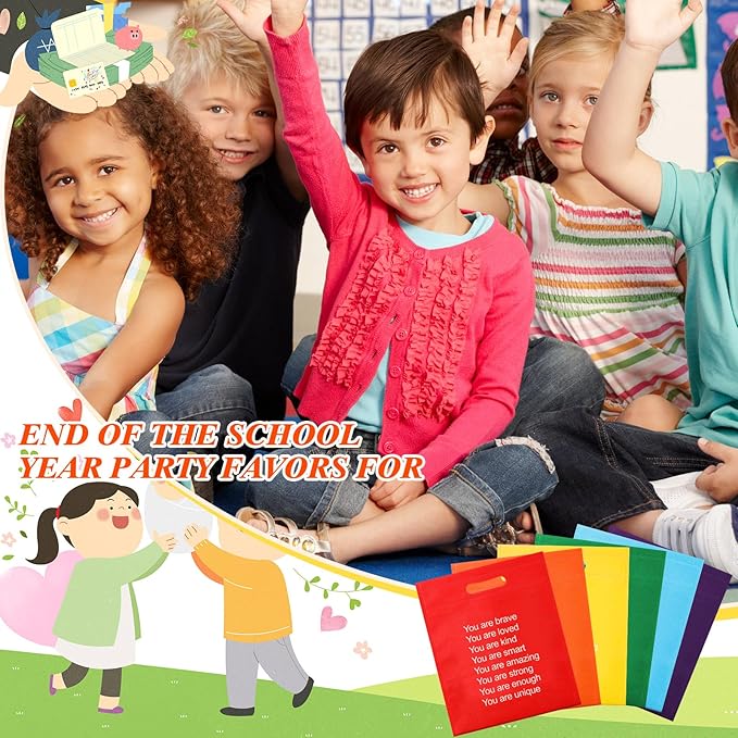 48 Pcs End of the Year Gifts Bags for Students Rainbow Reusable Goodie Treat Bags with Handles Bulk 11.5 x 9.5 Inches Inspiration Party Favor for Birthday Holiday Party Supplies