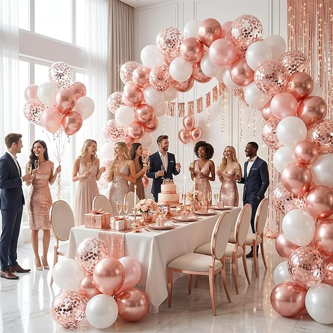 Hiquaty Rose Gold Balloons,60pcs Rose Gold and White Balloons 12 Inch,Rose Gold Ribbon for New Year Wedding Bridal Shower Party Decorations