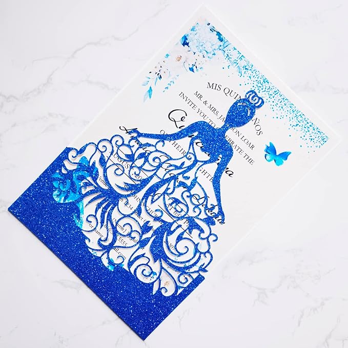 50PCS Blank Quinceanera Invitations, 5 x7.3 Inch Laser Cut Girl Princess Invitation Card Kit with Envelopes for Quinceañera, XV Años, Mis Quince, Birthday Party Sweet 16 (Royal Blue Glitter)